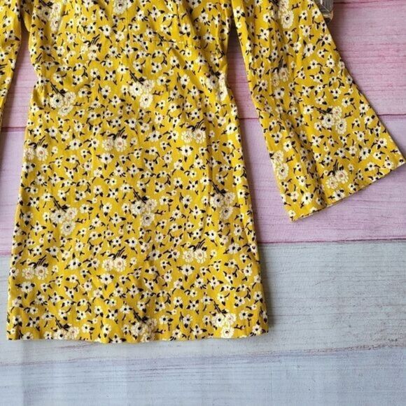 Zara Yellow Floral Bell Sleeve Mini Dress Small Mod Retro Colorful Summer - Picture 8 of 11